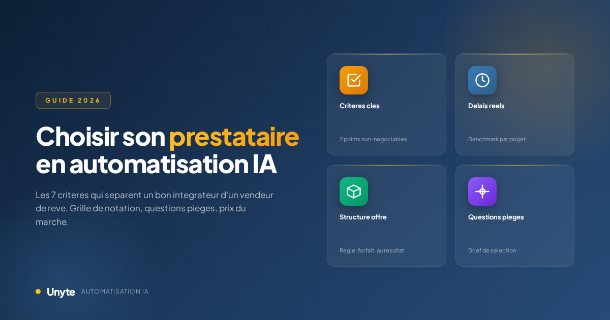 Choisir un prestataire en automatisation IA : crit&egrave;res, grille de notation, questions pi&egrave;ges et prix du march&eacute;